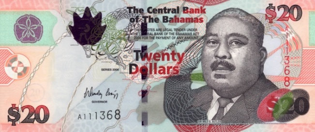 Купюра номиналом 20 багамских долларов, лицевая сторона
